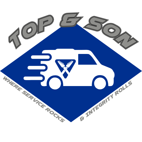 A white cargo van inside of a blue triangle. There is an image of two guitar necks crossed on the side of the van. The image of Top & Son Professional Services. Includes the motto "Where Service Rocks & Integrity Rolls."